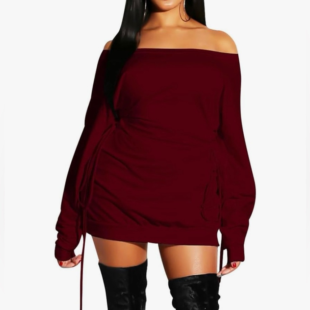 Women's Sexy Casual Off Shoulder Long Sleeve Lace Up Loose Mini Dress wine red